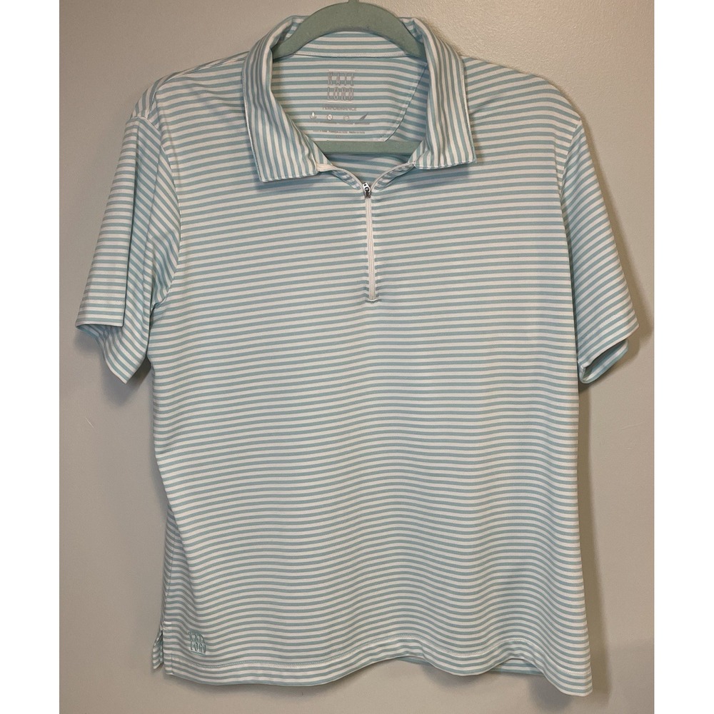 Kate‎ Lord Performance Shirt Women XL Blue Striped Stretch Golf Polo Workout